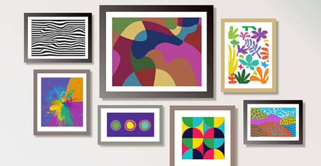 Modern wall with mixed frame styles featuring wood, metal, and floating frames.