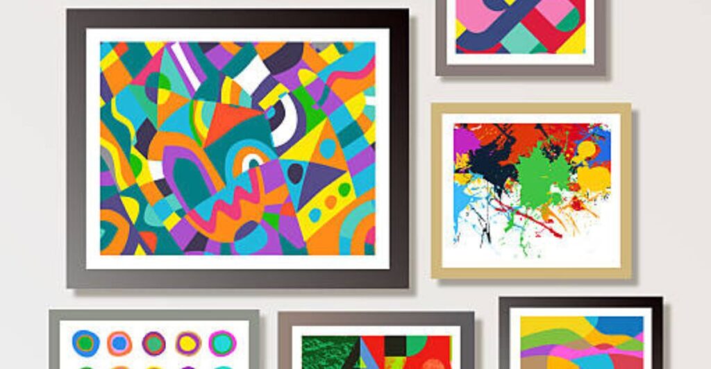 Gallery wall arrangement combining oversized and small frames for balance.