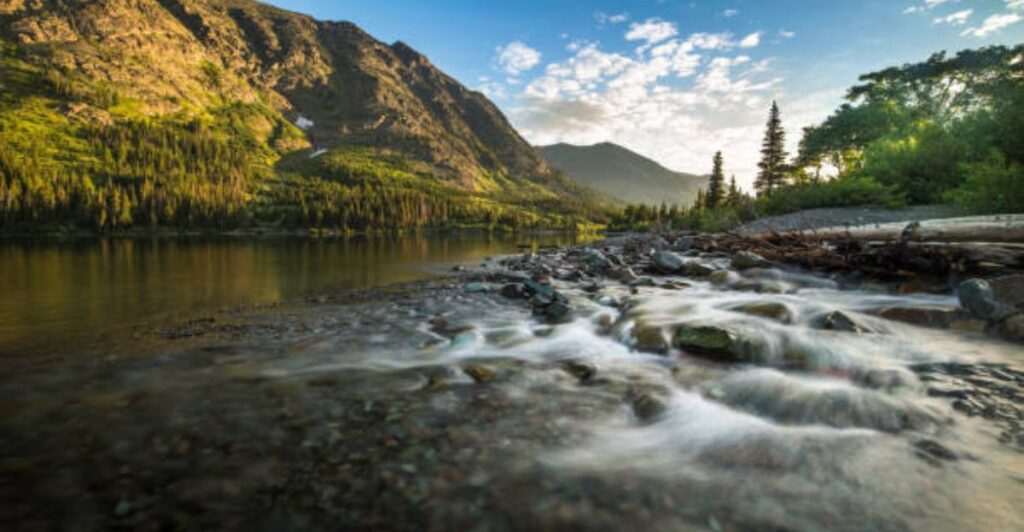 Scenic river landscape with rocky mountains and vibrant forest surroundings