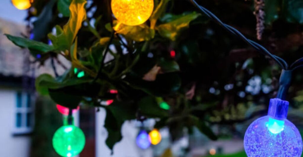 Solar string lights wrapped around trees adding charm to a night garden