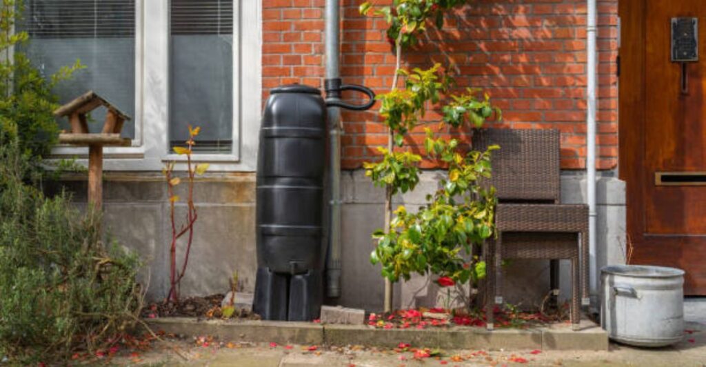 Rain barrel collecting rooftop rainwater beside a vegetable garden in a backyard.