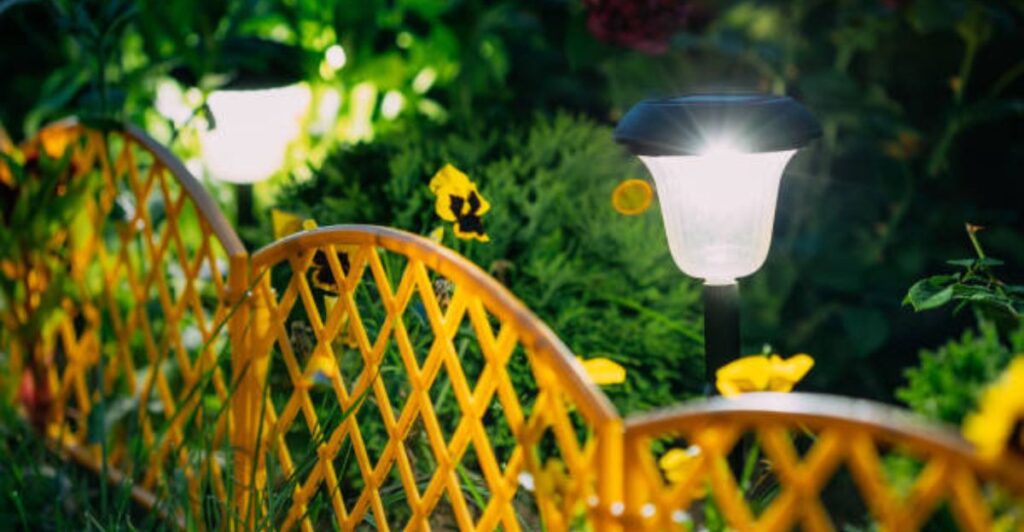 Charming solar lantern border arrangement illuminating a narrow stone pathway surrounded by lush greenery.