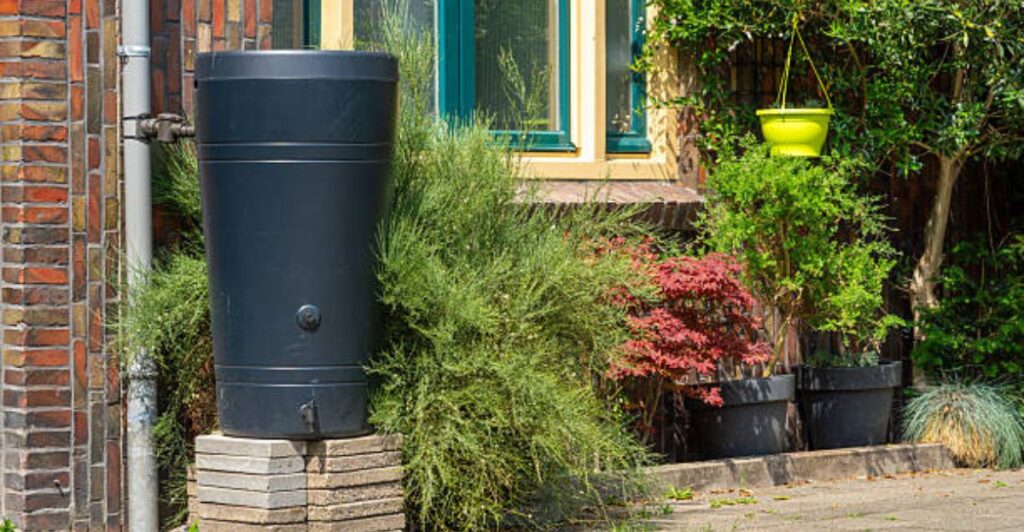 DIY rainwater harvesting system with connected barrels and garden irrigation setup.