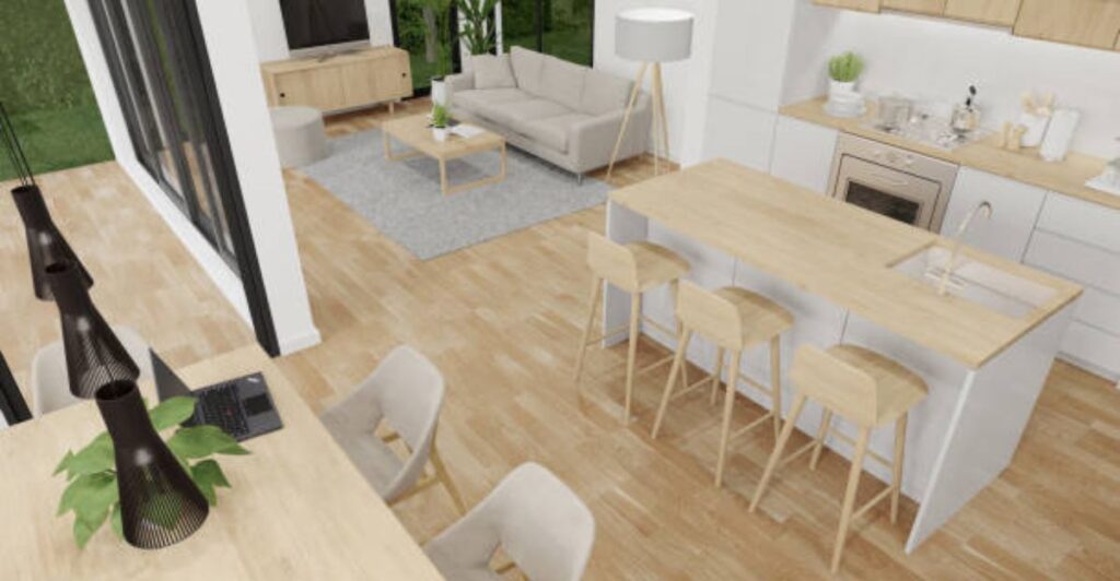 Modern small living room featuring a sofa bed, nesting tables, and hidden storage furniture.