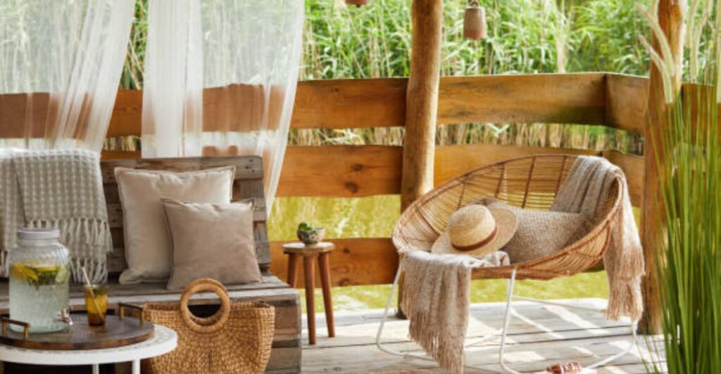 Bamboo wall panels and natural bamboo furniture creating a peaceful and elegant living room.