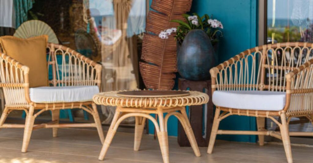 Stylish dining area with bamboo pendant lights and sustainable bamboo furniture.