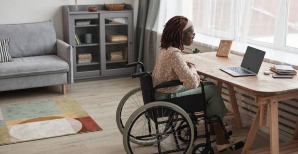 Modern home office with AI assistant display, smart devices, and productivity-focused desk organization.