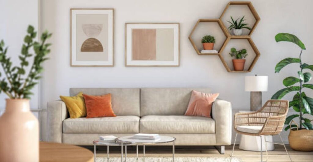 Multifunctional furniture with a streamlined silhouette maximizing style and functionality in a small apartment.