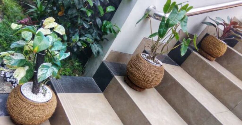 Handmade rope-wrapped flower pot adding rustic charm to a minimalist interior design.