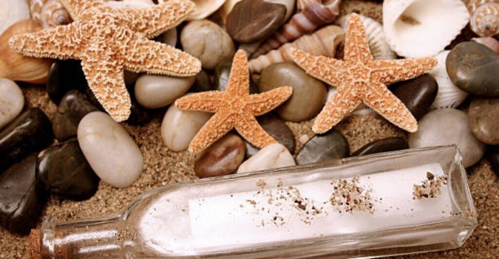 Glass memory bottle filled with beach sand, tiny shells, and a sunset-themed tag.