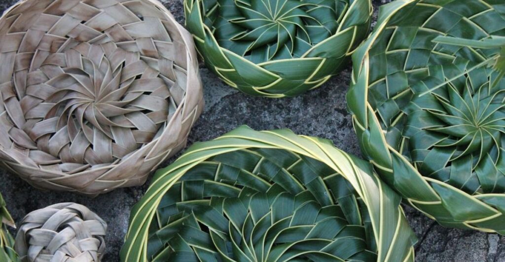 Creative palm leaf craft centerpiece adding natural tropical charm to a home interior.