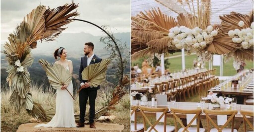 DIY palm leaf wreath featuring woven patterns and tropical-inspired accents.