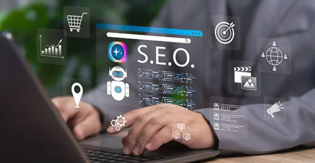 Laptop screen showing on-page SEO checklist with meta tags, headings, and keyword optimization.