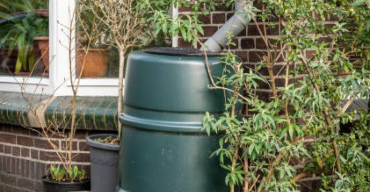 Large rain barrel installed under a house gutter for sustainable water collection.