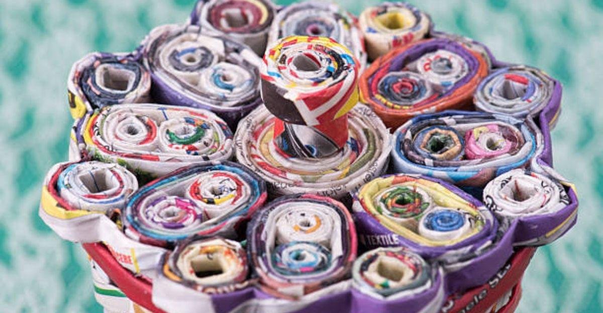 Handmade gift basket created from rolled magazine paper with colorful woven pattern.