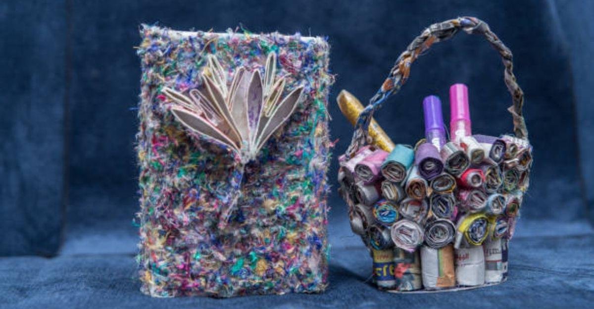 Set of woven organizer baskets made from recycled magazine rolls for eco-friendly home storage.