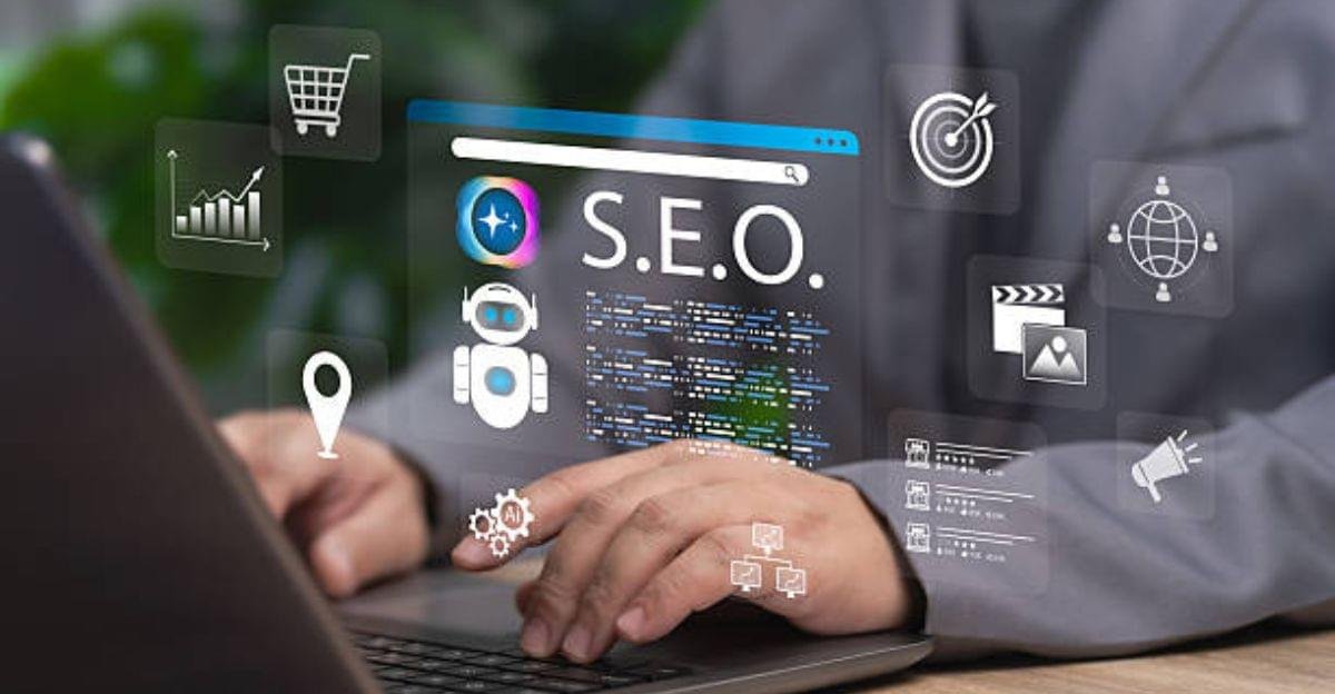 Laptop screen showing on-page SEO checklist with meta tags, headings, and keyword optimization.