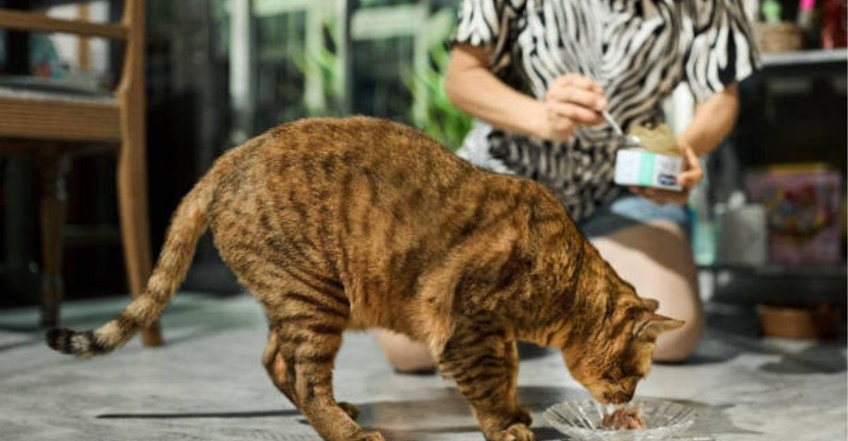 Aging cat drinking fresh water beside nutritious cat food on a rainy day
