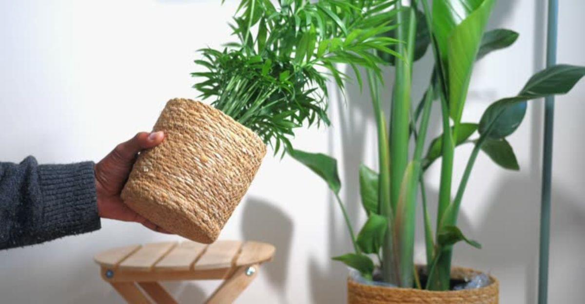 Farmhouse-style rope-wrapped plant pot made from a recycled tin can with a lush green indoor plant.
