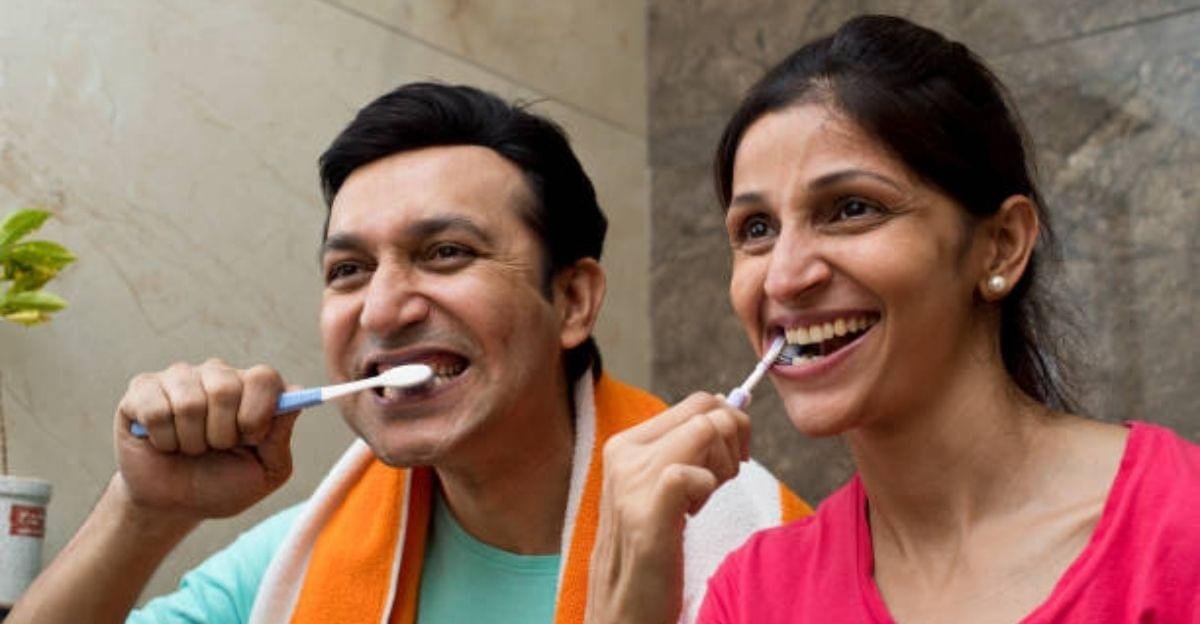 Person brushing teeth as part of a healthy monsoon oral care routine